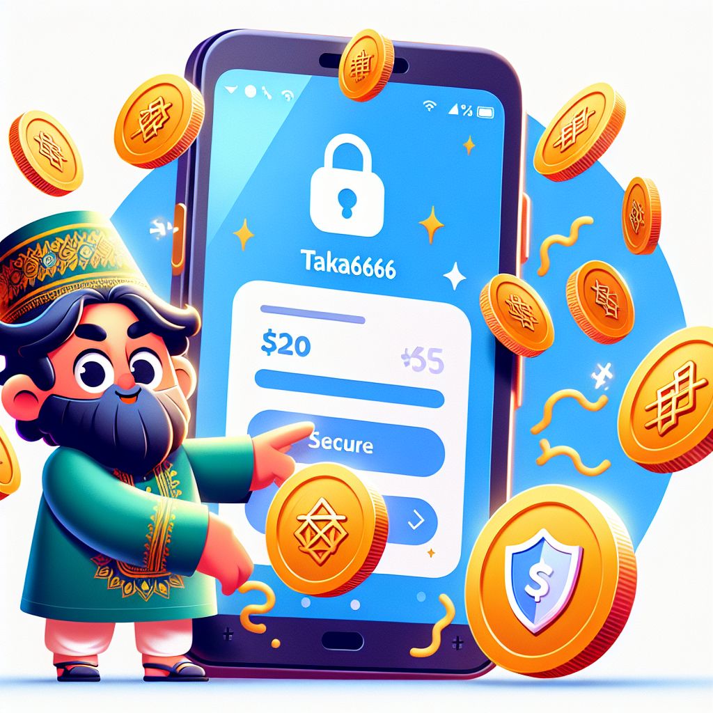 Taka6666 app cartoon character holding a phone with coins and a secure shield