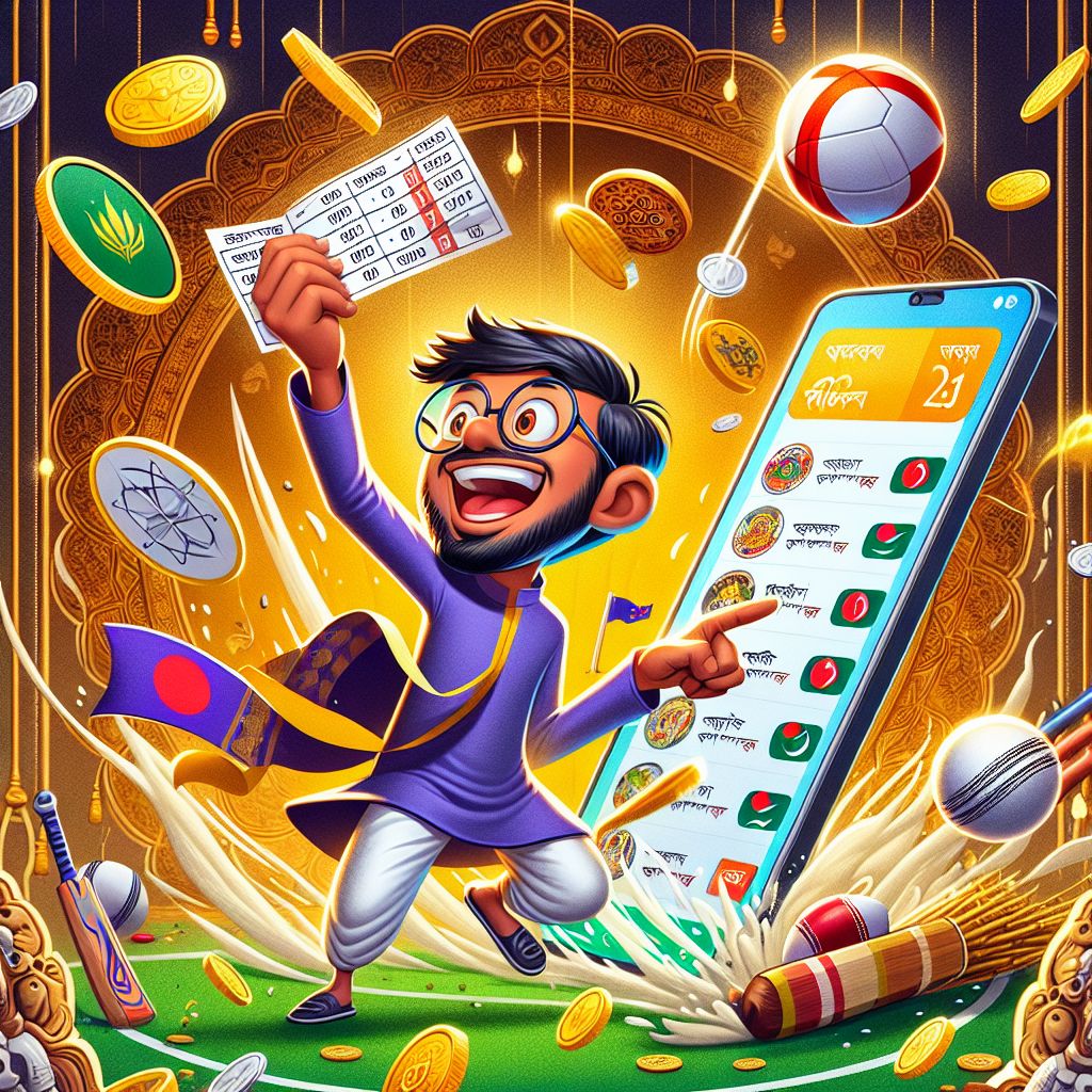Taka6666 betting themed cartoon character with a bet slip, sports icons, and coins