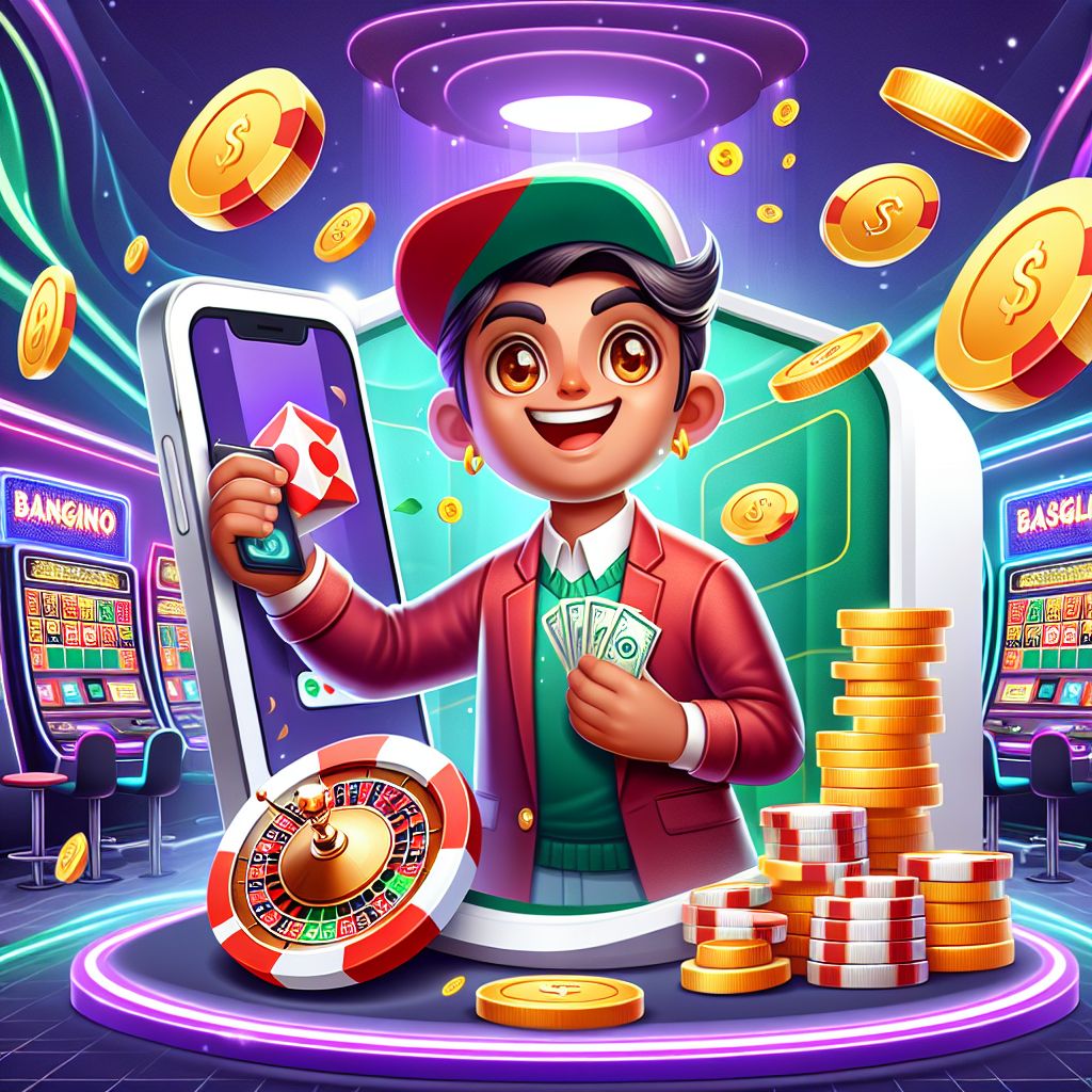 Taka6666 casino themed cartoon characters with chips, cards, and coins in a Bangladesh-style neon casino scene