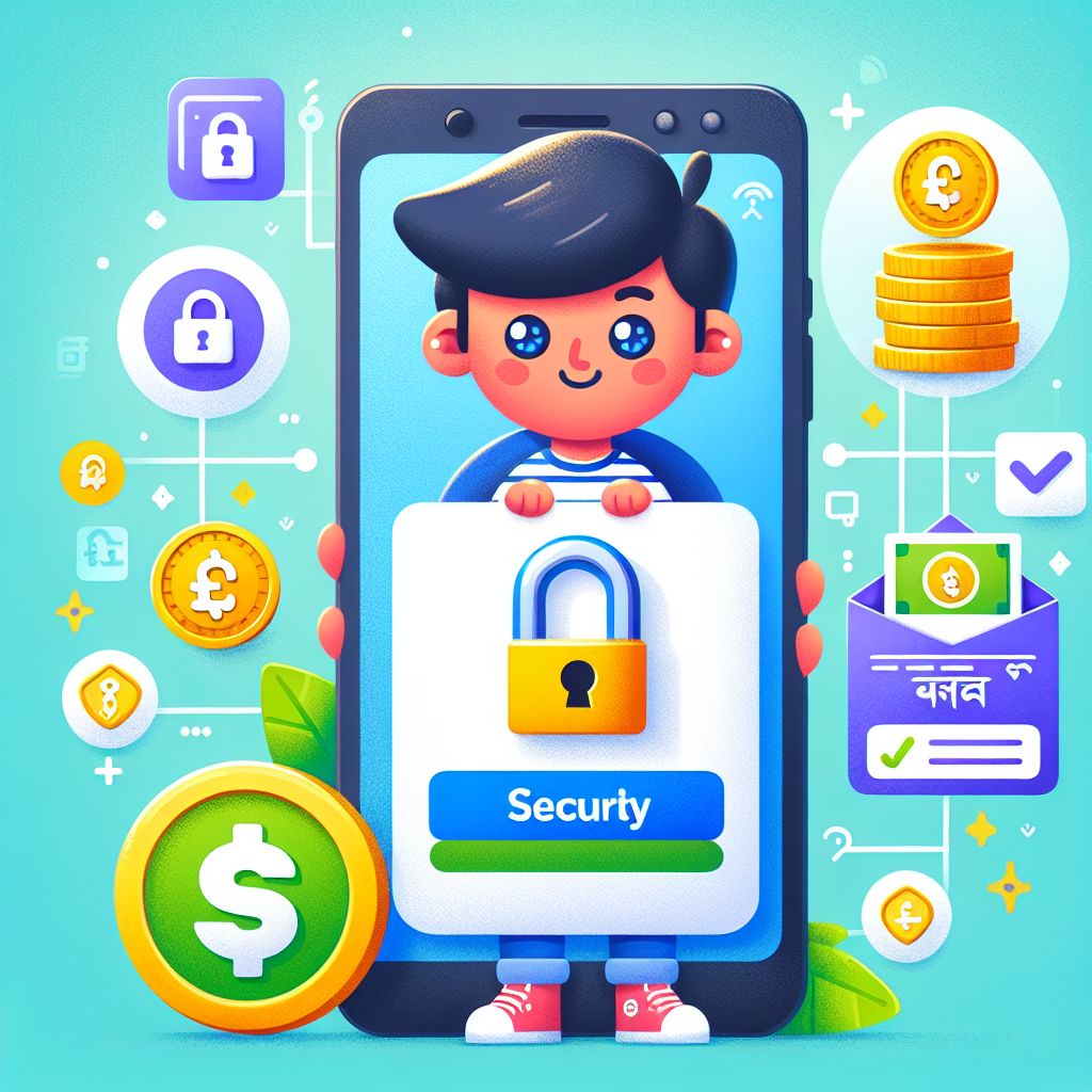 Cartoon character holding a phone with a secure login screen and coins