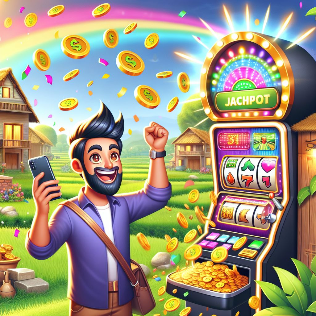 Cartoon Bangladeshi-style gamer spinning slot reels with coins and jackpot lights